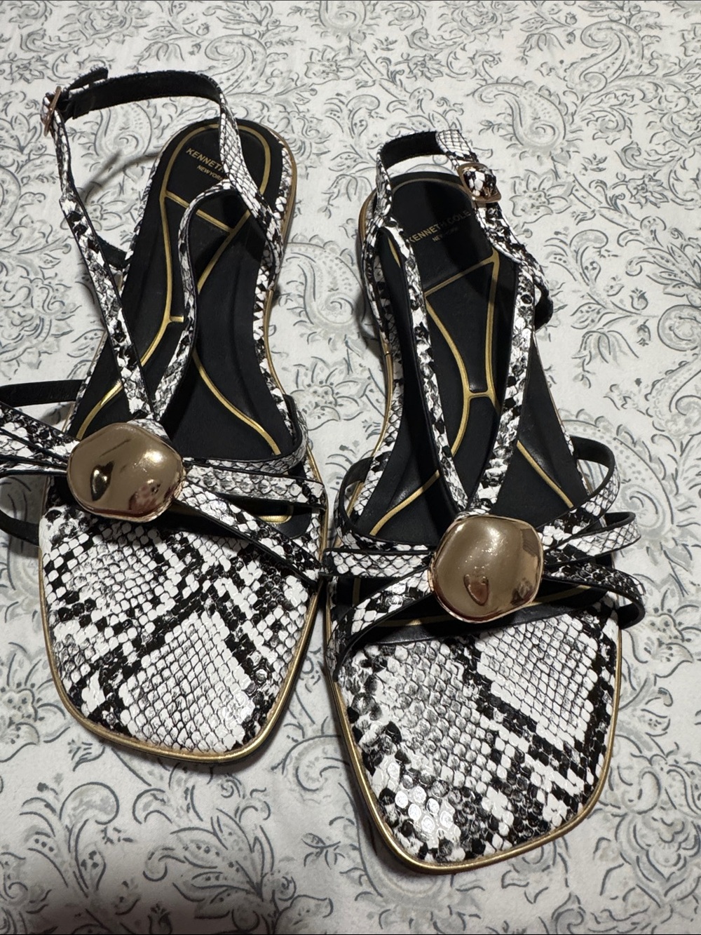 Kenneth Cole Black & White Snake-Print Strappy Sandals with Gold Accent